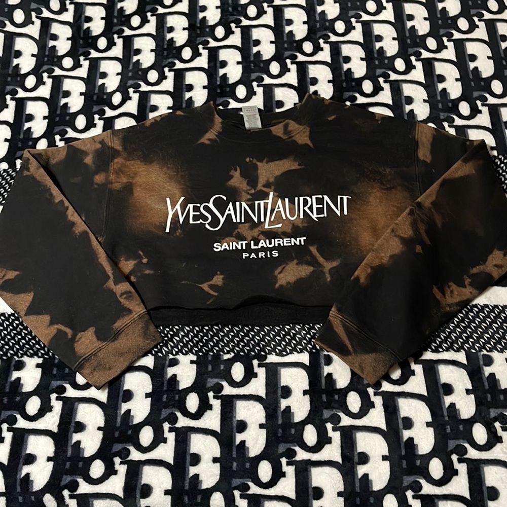Custom Yves Saint Laurent Black & Brown Tie-Dye Cropped Sweatshirt